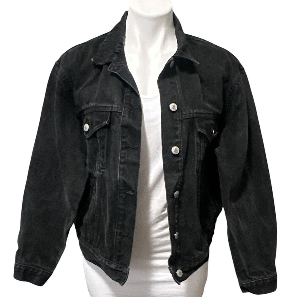 Jordache Vintage 90s Black Denim Trucker Jacket Oversized Women's Medium - Picture 2 of 6